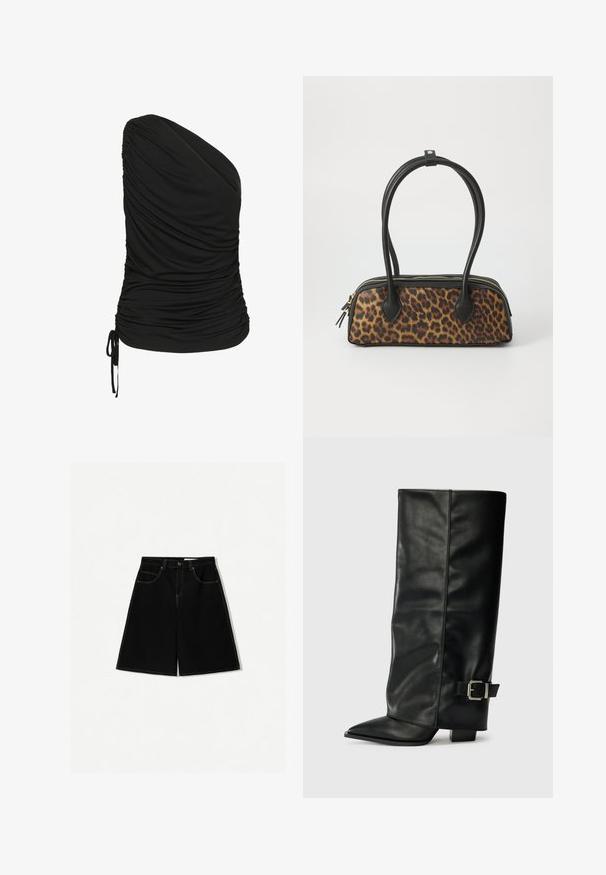 Schwarzes, einseitig trägerloses Top aus dehnbarem Material, mit Raffung an der Vorderseite und einer Kordelzugverzierung am Saum.; Schwarze Denim-Shorts mit lockerer Passform, ausgestattet mit fünf Taschen, gelben Nähakzenten und einem mittelhohen Bunddesign.; Schwarze Lederstiefeletten in Knöchellänge mit spitzem Zehenbereich, glatter Oberfläche und silberner Schnallenakzent an der Seite. Massiver, quadratischer Absatz.; Leopardenmuster-Handtasche mit schwarzem Kunstlederboden, doppelten oberen Griffen, goldfarbenem Reißverschluss und akzentuierten schwarzen Kunstlederlaschen. Rechteckige Form.