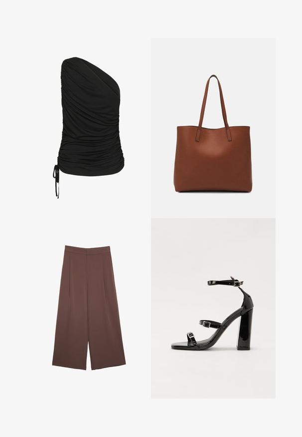 Schwarzes, einseitig trägerloses Top aus dehnbarem Material, mit Raffung an der Vorderseite und einer Kordelzugverzierung am Saum.; Braune Weite-Leg-Hosen mit einer glatten Textur, hoher Taille und Vorderfalten. Der Stoff ist leicht und fällt locker.; Schwarze patentierte Sandalen mit Absatz, quadratischer Spitze, Knöchelriemen und silbernen Schnallen. Mit einem stabilen Blockabsatz für mehr Stabilität.; Braune Leder-Tote mit glatter Textur, offenem Oberteil und zwei Schulterriemen. Verfügt über minimale Nähte und keine sichtbaren Beschläge.
