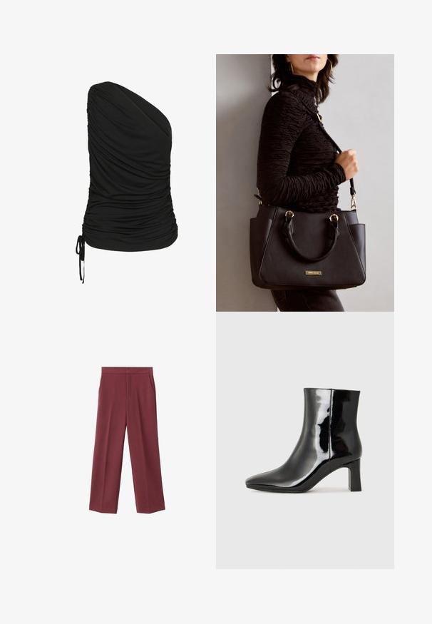 Čierny top na jedno rameno vyrobený z elastického materiálu, s riasením vpredu a šnúrkou na leme.; Bordové nohavice s širokými nohavicami a hladkým povrchom, s bočnými vreckami a vysokým pásom. Ušité s čistým predným záhybom.; Čierne lakované členkové topánky s špicatou špičkou a stredne vysokým blokovým podpätkom. Hladká textúra a minimalistický dizajn.; Čierna kabelka s textúrovaným povrchom, dvojitými hornými rúčkami a nastaviteľným ramenným popruhom. Obsahuje zlaté kovanie a bočné vrecká.
