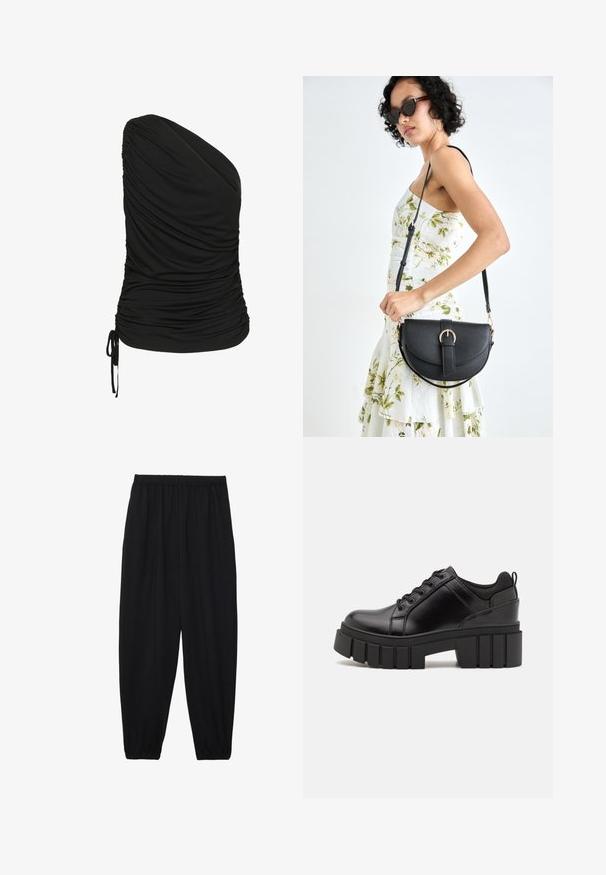 Must have, ühel õlal kinni olev must topp, mis on valmistatud elastsetest materjalidest, esiküljel venitatava detailiga ja allääres nööriga.; Mustad, kerge kangas püksid elastse vöökoha ja kokku volditud pahkluudega. Kanga pind on sile ja disain on lõdvestunud, kitsenev.; Must musta platvormsussid paksu plokkninal, ümmarguse varbaga ja traditsioonilise nööridega kinnitamisega. Sussid on sileda tekstuuriga ja minimaalsete detailidega.; Mustmust mustraha kõverate joontega, eemaldatava rihmaga ja kuldsete detailidega. Kotil on klapp, millel on pandladetail.