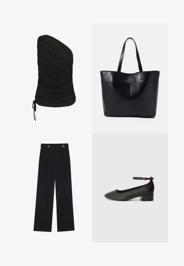 Top nero con una spalla realizzato in materiale elastico, caratterizzato da arricciature sul davanti e un dettaglio con coulisse all'orlo.; Pantaloni neri a gamba larga con vita alta, dettagli con bottoni in vita e pieghe frontali.; Pump in pelle nera con punta affusolata e tacco basso a blocco. Presenta una cinghia alla caviglia con una fibbia in tonalità oro. Texture liscia.; Borsa a tracolla in pelle nera con due manici lunghi, una texture liscia e una forma strutturata. Presenta una tasca frontale per ulteriore spazio di archiviazione.