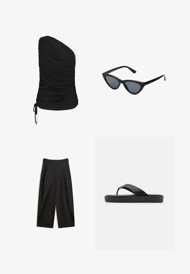 Črna majica z enim ramenom, izdelana iz raztegljivega materiala, z nabiranjem spredaj in z vrvico na robu.; Črne široke hlače iz gladkega blaga. Imajo sprednji zavihek, gumbasto zapiranje in prirejeno pasnico za eleganten videz.; Črne japonke s gladkim zgornjim trakcem in teksturiranim podplatom. Minimalističen dizajn z nizkim profilom.; Črne mačje oči sončna očala z temno sivo lečo, elegantnim plastičnim okvirjem, ostrimi koti in ravnimi vseski. Brez vidnih kovinskih delov ali okrasitev.; Naravna pletena slamnata torba z teksturirano površino, velikim odprtim vrhom, ukrivljeno obliko in temnim usnjenim ročajem. Ima črn dodatek na dnu.