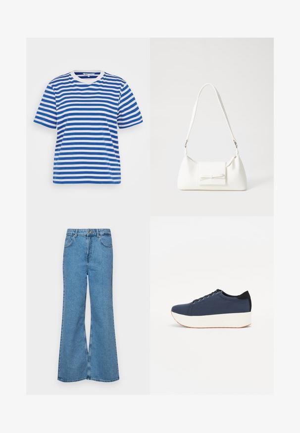 Zila un balta svītraina T-krekls ar īsām piedurknēm, apaļu kakla izgriezumu un brīvu piegriezumu. Izgatavots no kokvilnas auduma ar gludu tekstūru.; Gaiši zili, platā piegriezuma džinsi, kas izgatavoti no denima, ar augstu jostasvietu, piecām kabatām un vienu pogu. Mīksta tekstūra ar nolietotu apdari.; Navy zilo apavi ar strukturētu auduma augšdaļu, baltu platformas zoli, noapaļotu pirkstu daļu un melnu papēža akcentu. Iekļautas sešas acs caurumi šnuķēšanai.; Balta sintētiska soma ar trīsstūrveida formu, plakanu priekšējo vāciņu un loku detaļu, regulējamu siksnu, gludu tekstūru un minimālistisku dizainu.