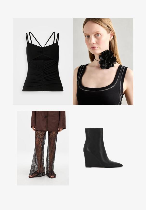 Czarny bezrękawnik z regulowanymi cienkimi ramiączkami, z wystającym wzorem z przodu i wycięciem w środkowej części.; Czarne koronkowe spodnie z szerokimi nogawkami, posiadające kwiatowy wzór i przejrzystą fakturę, w zestawieniu z brązowymi klapkami.; Czarne kozaki na obcasie wykonane z teksturowanej skóry; mają szpiczasty czubek oraz gładki, elegancki design z konturową sylwetką.; Czarny naszyjnik-choker z kwiatów, wykonany z warstwowych płatków, noszony z czarnym, prążkowanym topem na ramiączkach z srebrnymi akcentami przy dekolcie i ramionach.