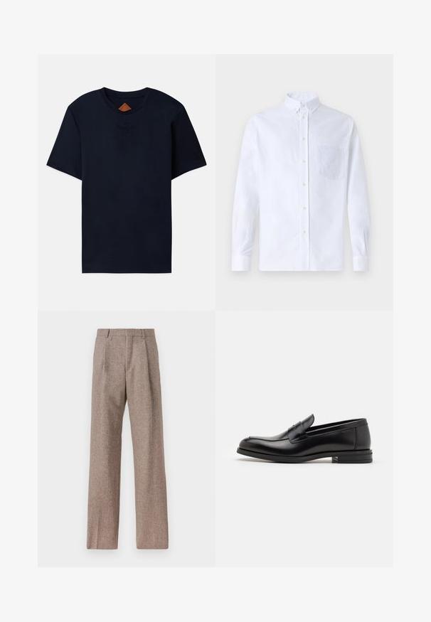 Tamno plavi pamučni majica s kratkim rukavima, s okruglim izrezom i utisnutim logotipom na prsima. Glatka tekstura, ležeran kroj.; Bijela košulja s dugim rukavima na dugme, izrađena od pamuka, s džepom na prsima s ton-sur-ton vezom, ovratnikom i dugmadi na manžetama.; Smeđe, hlače viskog struka od teksturiranog materijala. Imaju široke nogavice i dva prednja pregiba za strukturu. Uređen završetak bez vidljivih metalnih dijelova.; Crni kožni mokasini s glatkom teksturom, zaobljenim prstima i ukrasnom trakom preko prednjeg dijela. Niski slojeviti potplat, minimalistički dizajn.