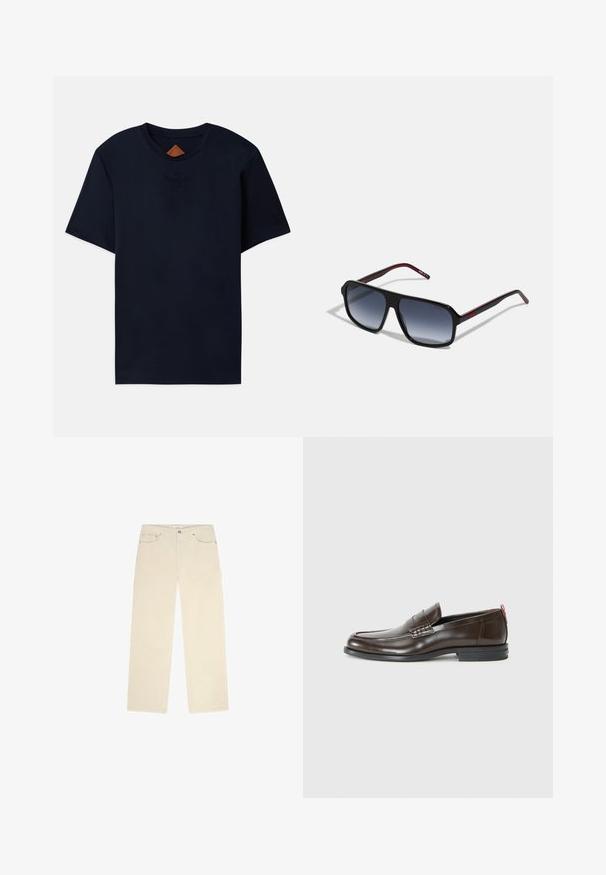 Tamsiai mėlynas medvilnės marškinėliai trumpomis rankovėmis su apvalia iškirpte ir iškilmingu logotipo akcentu ant krūtinės. Lygus paviršius, laisvas fasonas.; Šviesiai rudos štrichinės kelnės su tiesiu pjūviu, turinčios du priekiniai kišeniai ir subtilią štrichuotą tekstūrą. Įkomponuoti metaliniai akcentai.; Rudos odiniai loaferiai su lygiu paviršiumi, apvalia nosimi, dekoratyviniais siūlų raštais ir kontrastinga raudona akcenta ant kulno. Guma padas.; Juodos stačiakampės saulės akinių su gradientiniais pilkais lęšiais. Yra raudoni akcentai ant šventyklų ir lygus plastikinis rėmas.