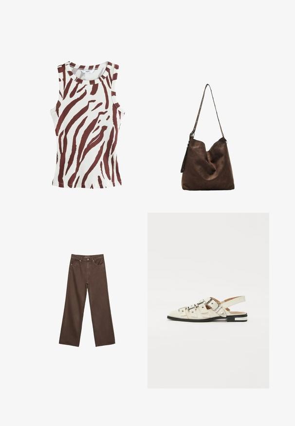 Top a canotta rigata in crema con audaci strisce zebra marroni. Scollatura rotonda e design senza maniche. Presenta una vestibilità slim e orlo cucito.; Jeans a gamba larga marroni in denim, con vita alta, tasche anteriori e chiusura a bottone classica. Tessuto liscio con cuciture sottili.; Sandali slingback in pelle bianca con più cinturini larghi e fibbie d'argento; suola piatta con un piccolo tacco nero e dettagli metallici.; Borsa hobo in suede marrone con una parte superiore curva, una lunga tracolla con dettagli a pois e una consistenza morbida. Presenta un design morbido per un uso casual.