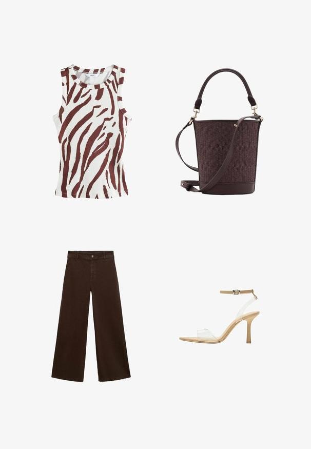 Krémový tank top s ribovaným vzorom a výraznými hnedými pruhmi zebry. Okrúhly výstrih a bezrukávový dizajn. Má úzky strih a prešité ukončenie.; Hnedé široké nohavice z bavlnenej zmesi, s roztrhnutým lemom, predným zapínaním na gombík a klasickým dizajnom s piatimi vreckami. Minimalistické a všestranné.; Priehľadné sandále na vysokom podpätku s transparentným zvrškom, béžovou stielkou a štíhlym remienkom na členku. Majú špicatú špičku a tenký vysoký podpätok.; Hnedá tkaná vedro taška s hladkým koženým dnom, vrchnou rukoväťou a nastaviteľným ramenným popruhom. Obsahuje akcenty z pozláteného kovu.