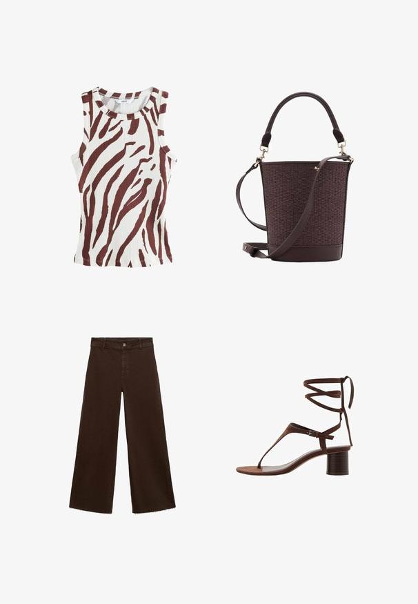 Top a canotta rigata in crema con audaci strisce zebra marroni. Scollatura rotonda e design senza maniche. Presenta una vestibilità slim e orlo cucito.; Pantaloni larghi marroni in misto cotone, caratterizzati da orlo sfrangiato, chiusura frontale con bottone e classico design a cinque tasche. Minimalisti e versatili.; Sandalo alto in suede marrone con una fascia triangolare sulla punta, lacci alla caviglia e un tacco a blocco texture per maggiore stabilità.; Borsa a secchiello intrecciata marrone con fondo in pelle liscia, manico superiore e tracolla regolabile. Presenta dettagli in metallo dorato.