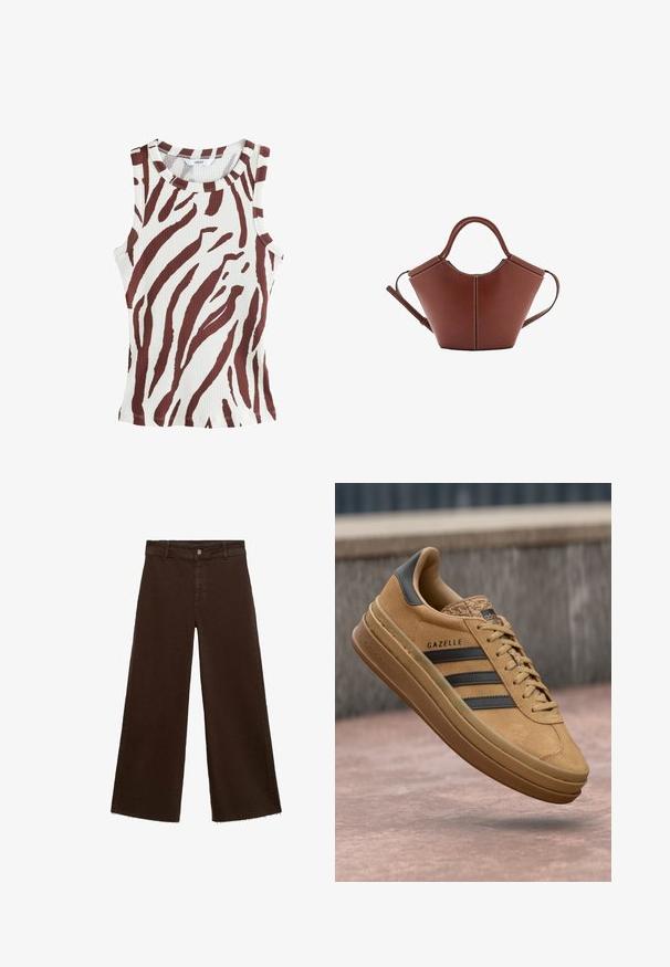 Pamučna majica bez rukava u krem boji s izraženim smeškim uzorkom zebre u smeđoj boji. Okrugli izrez i dizajn bez rukava. Ima uski kroj i štepani rub.; Smeđe široke hlače od pamuka, s raspucanim rubom, prednjim kopčanjem na dugme i klasičnim dizajnom s pet džepova. Minimalističke i svestrane.; Smeđe nubuk tenisice s glatkom teksturom, s tri tamne pruge, zaobljenim vrhom i debljom potplatom s uzorkom na rubu.; Smeđa kožna torba koničnog oblika, čvrste ručke i kontrastnog bijelog šava. Sadrži odvojivi remen za rame radi svestranosti.