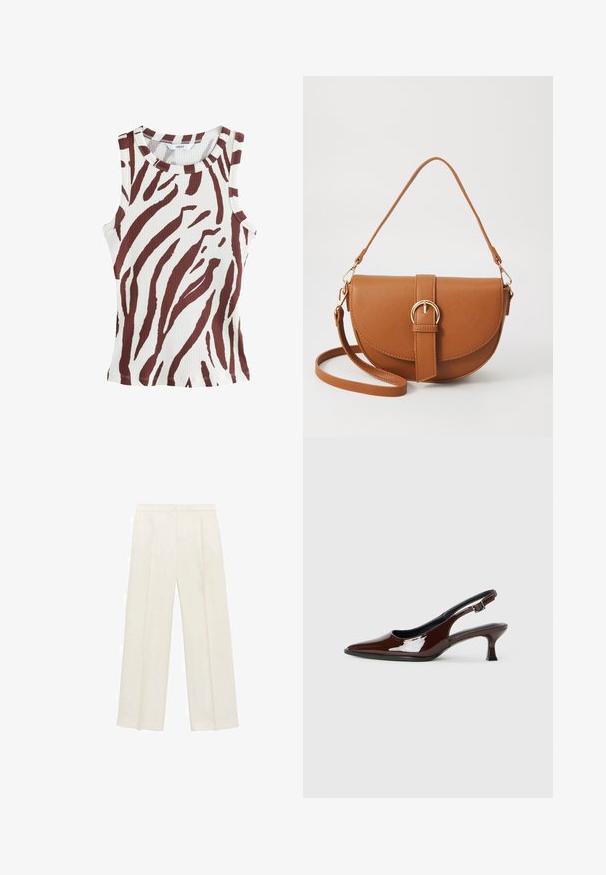 Débardeur côtelé en crème avec de larges rayures zébrées marron. Encolure ronde et sans manches. Présente une coupe ajustée et un ourlet cousu.; Pantalons larges de couleur crème clair. Fabriqués dans un tissu lisse avec des plis à l'avant et des poches latérales.; Chaussure slingback en cuir verni marron avec un bout pointu et un talon modéré. Elle est dotée d'une sangle à boucle pour un ajustement sécuritaire. Texture lisse.; Sac bandoulière en cuir marron avec une forme incurvée, quincaillerie dorée et un accent en boucle. Comprend une bandoulière détachable.