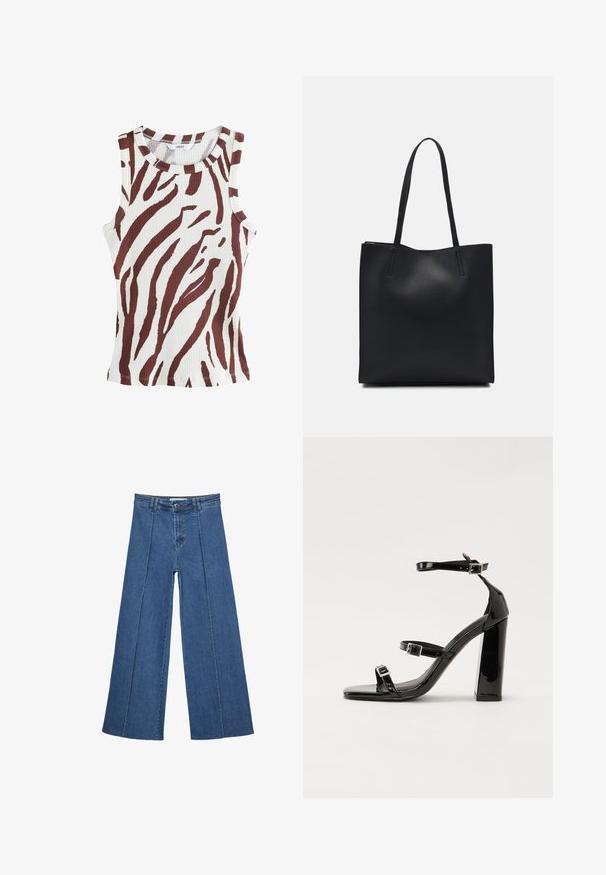 Top a canotta rigata in crema con audaci strisce zebra marroni. Scollatura rotonda e design senza maniche. Presenta una vestibilità slim e orlo cucito.; Jeans in denim a gamba larga di blu medio, con vita alta, chiusura con bottone e dettagli delle cuciture verticali a contrasto lungo la parte anteriore.; Sandali con tacco in vernice nera, con punta squadrata, cinturini alla caviglia e fibbie in argento. Presentano un tacco a blocco spesso per maggiore stabilità.; Borsa tote in pelle nera con texture liscia, forma rettangolare e due manici lunghi. Nessun hardware o decorazione visibile.