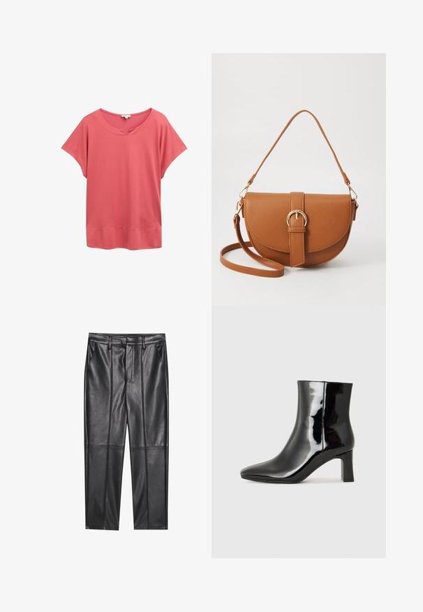 T-shirt rosa corallo a maniche corte con scollo ampio e vestibilità ampia; realizzata in tessuto leggero con una texture liscia e un orlo piatto.; Pantaloni in pelle nera con una texture liscia, caratterizzati da un fit dritto, due tasche frontali e dettagli delle cuciture in evidenza.; Stivaletto in pelle verniciata nera con punta a punta e tacco a blocco di altezza media. Texture liscia e design minimalista.; Borsa a tracolla in pelle marrone con forma curvata, hardware dorato e un dettaglio con fibbia. Presenta una tracolla rimovibile.