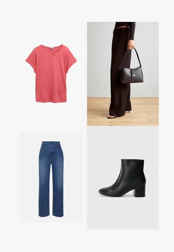 T-shirt rosa corallo a maniche corte con scollo ampio e vestibilità ampia; realizzata in tessuto leggero con una texture liscia e un orlo piatto.; Jeans in denim a vita alta di un blu medio. Presentano dettagli con bottoni frontali e un design a gamba ampia. Il tessuto ha una texture liscia con un leggero sbiadimento.; Stivali neri in pelle fino alla caviglia con punta appuntita e tacco spesso. Texture liscia con minimi dettagli e un design elegante e aderente.; Borsa nera con forma strutturata, texture liscia e una chiusura metallica. Abbinata a pantaloni neri larghi e sandali open-toe su un pavimento in legno.