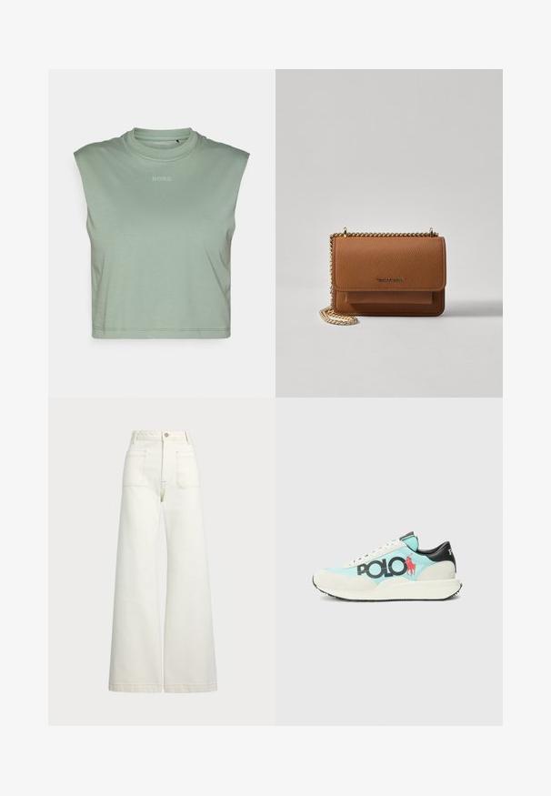 Light green sleeveless crop top made of soft fabric, featuring a round neckline and a small "BORG" logo printed on the front.; Wide-leg jeans in off-white denim. High-waisted design with a button closure, two front pockets, and contrast stitching details.; Sneaker featuring a light blue body, white suede accents, black heel, and prominent black "POLO" logo with a red polo player silhouette.; Brown textured leather crossbody bag with gold chain strap and flap closure. Front features logo detail and a pocket under the flap.