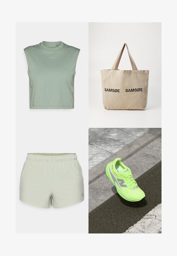 Svijetlozeleni kratki top bez rukava od mekog materijala, s okruglim izrezom i malim 'BORG' logotipom ispisanim sprijeda.; Svijetlozelene sportske kratke hlače izrađene od prozračnog materijala, s perforiranim uzorkom i elastičnom strukom. Logo otisnut sa strane.; Sjajna neon zelena New Balance tenisica za trčanje leži na teksturiranom asfaltu blizu taktilne površine za hodanje i rubnika.; Bež platnena torba s dva crna otisnuta "SAMØE" loga. Ima čvrste bež naramenice i jednostavan, neestrukturiran dizajn.