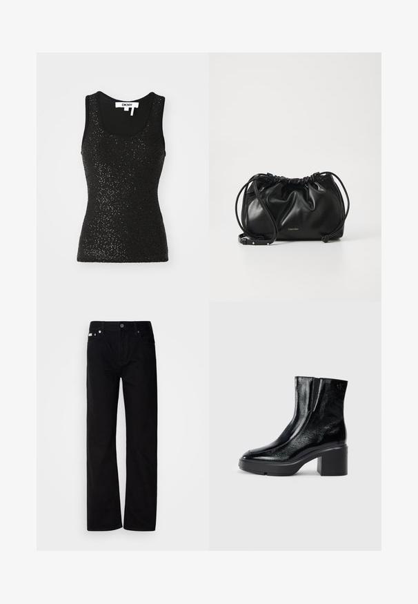 Svart ärmlös linne i texturerad tyg med paljettdekoration. Har rund halsringning och ribbade kanter. Varumärkesetikett synlig.; Svarta denimbyxor med rak passform, fem fickor, silverfärgade nitar och knappstängning. Tyget har en slät, något strukturerad finish.; Svarta lacklädersankelstövlar med rundad tå, elastiska sidopaneler och en chunky klack. Har en präglad logotyp på baksidan.; Svart läderhandväska med samlad design, dubbel dragsko-stängning och avtagbar axelrem. Har metalliskt logotypdetalj.