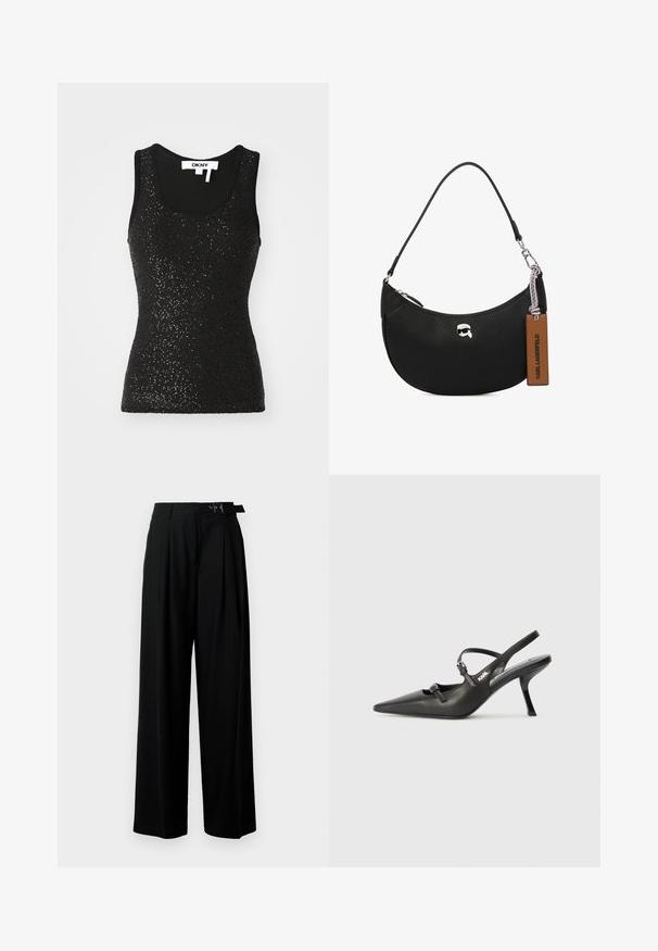 Zwarte mouwloze tanktop van textuurstof met paillettenaccenten. Heeft een ronde hals en geribbelde randen. Merklabel zichtbaar.; Zwarte wijde broek met hoge taille, plooien aan de voorkant en een riem met een gesp. Gemaakt van glad, lichtgewicht stof.; Zwarte leren slingback hakken met een spitse neus, slanke hak en decoratieve gespdetails op de bovenkant. Gladde textuur en een strakke uitstraling.; Zwarte leren handtas met een steentjesstructuur, gebogen vorm, bovenste ritsluiting, zilverkleurige hardware en een bruine label. Bevat een logo-accent.