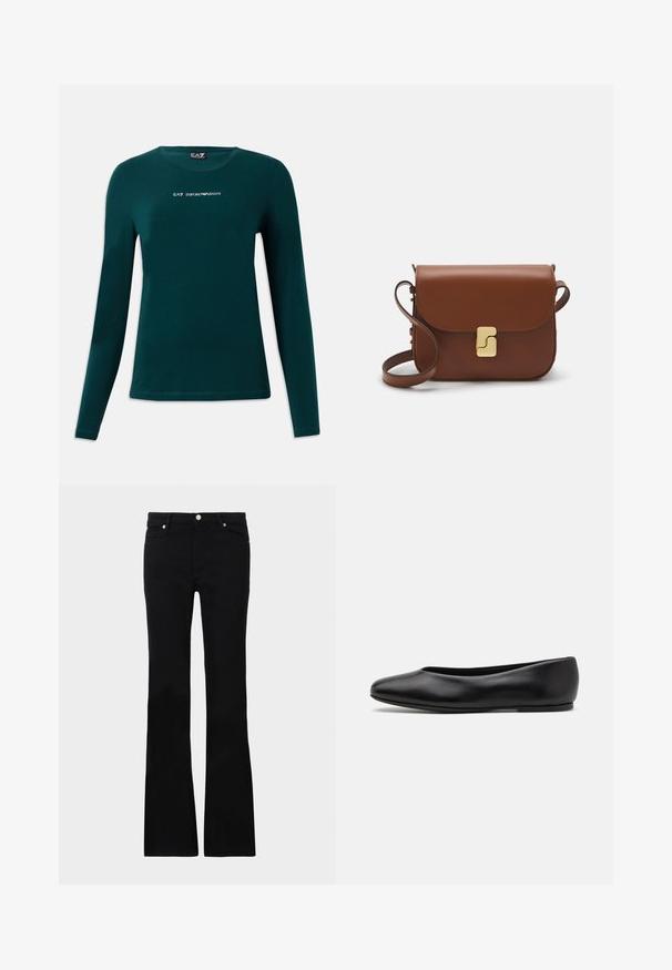 Dark green long-sleeve shirt with crew neck and white "EA7 Emporio Armani" logo centered on the chest against a white background.; Black flared jeans made of denim, featuring two front pockets, a button closure, and a smooth texture. Signature stitching visible at seams.; Paul Smith TOPANGA - Ballet pumps - black; Brown leather handbag with a flap closure, gold-tone hardware, a shoulder strap, and a smooth texture. Compact rectangular shape.