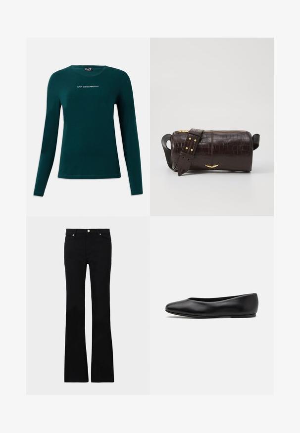 Camisa de manga longa verde escura com gola redonda e logotipo branco "EA7 Emporio Armani" centralizado no peito, em fundo branco.; Calças pretas de ganga em corte flare, com dois bolsos frontais, fecho com botão e uma textura suave. Costura característica visível nas costuras.; Paul Smith TOPANGA - Sabrinas - black; Bolsa de couro com textura de crocodilo na cor marrom, com forma cilíndrica, metalizações em tom dourado e uma alça destacável com tachas.
