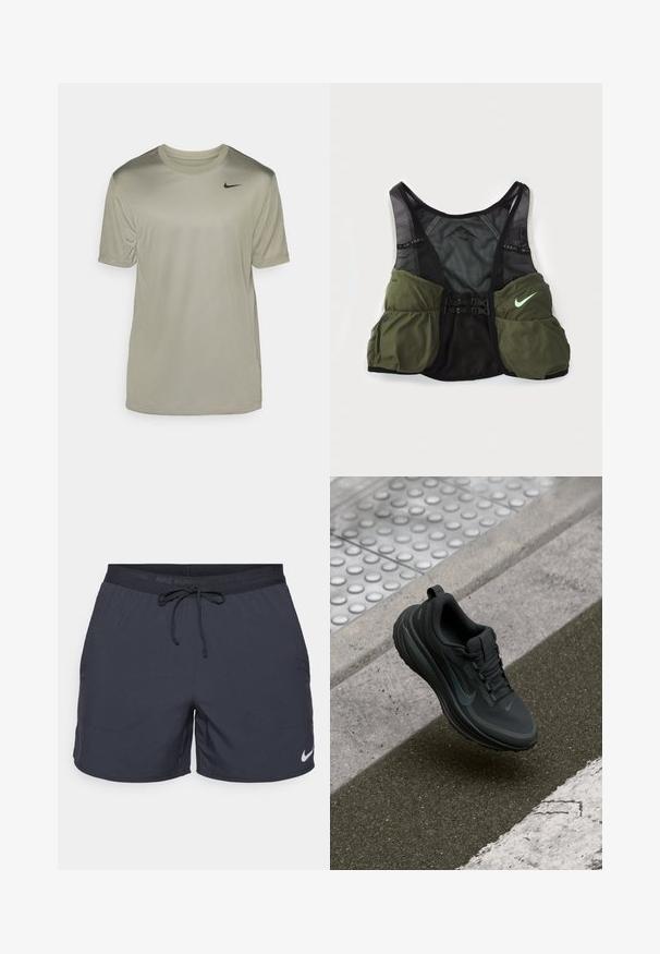 Licht olijfgroene T-shirt met korte mouwen, gemaakt van gladde stof, met een ronde halslijn en een klein zwart Nike-logo op de bovenste linkerborst.; Nike hardloopshorts, donkergrijs, elastische tailleband met trekkoord, zijzakken, lichtgewicht stof, met een wit Nike-logo op de onderste zoom.; Zwarte sportieve schoen met een soepele stof bovenkant, textuurzool en reflecterende accenten. Heeft een ronde neus en vetersluiting.; Nike trailrunning vest in zwart en olijfgroen. Kenmerken zijn mesh materiaal, verstelbare banden en meerdere opbergvakjes aan de voorkant.