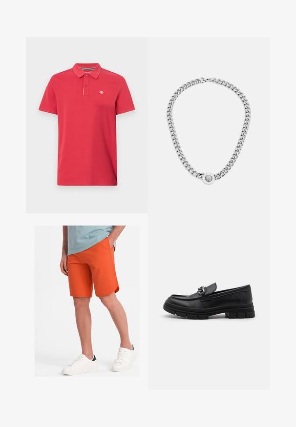 Czerwona koszulka polo z bawełny, z klasycznym kołnierzykiem, zapięciem na trzy guziki i małym logo wyszytym po lewej stronie klatki piersiowej. Krótkie rękawy.; Biała koszula z długim rękawem wykonana z gładkiego materiału, z klasycznym kołnierzykiem, zapięciem na guziki z przodu i zaokrąglonym dołem. Brak widocznych wzorów lub akcentów.; Pomarańczowe szorty z miękkiego materiału o gładkiej fakturze, z bocznymi kieszeniami i zaokrąglonym dołem, zestawione z białymi sneakersami.; Czarne skórzane półbuty z okrągłym noskiem, dekoracyjnym paskiem i elementami metalowymi oraz grubą, fakturowaną podeszwą. Gładkie wykończenie z subtelnymi detalami.; Srebrny naszyjnik łańcuszkowy z grubymi ogniwami i centralnym okrągłym wisiorkiem z misternym wzorem. Gładka, lustrzana powierzchnia metalu.