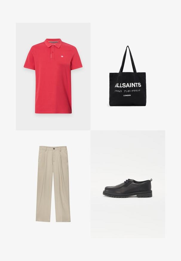 Rød polo-shirt lavet af bomuld med klassisk krave, tre-knaps lukning og lille logo broderet på venstre bryst. Korte ærmer.; Beige bukser med lige snit, der har en enkelt sort knap, bæltestropper og sidelommer. Glat stoftekstur og minimalistisk design.; Sorte lædersko med rund tå, tekstureret syning, lavprofil design og gummisål med dybe riller for bedre greb.; Sort lærred stof taske med fed hvid tekst "ALLSAINTS" og mindre tekst på japansk samt "LONDON" nederst. To lange håndtag.