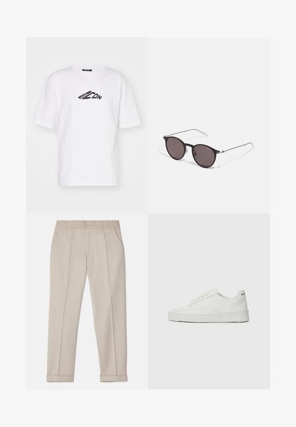 Camiseta de algodón blanca con un logotipo gráfico negro en el pecho. Manga corta, cuello redondo y un corte relajado.; Filippa K TERRY CROPPED TROUSERS - Pantalones - sage melange; Zapatilla de cuero blanca con un acabado suave, puntera redonda, cordones planos y suela texturizada. Cuenta con un sutil logo en el talón.; Gafas de sol redondas negras con lentes oscuros y brazos metálicos delgados. Incluye puntas de varilla transparentes y acentos plateados en la bisagra. Diseño minimalista.