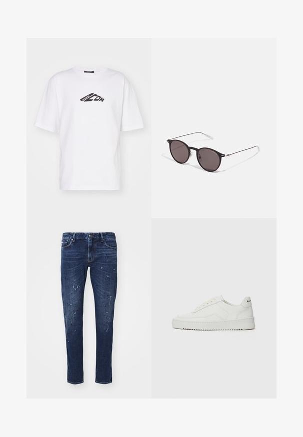 T-shirt en coton blanc avec un logo graphique noir sur la poitrine. Manches courtes, encolure ras du cou et coupe décontractée.; Jean en denim bleu foncé avec une coupe slim, ornés de éclaboussures de peinture, de coutures visibles et d'un design standard à cinq poches. Coupe jambe droite.; Baskets en cuir blanc avec une finition lisse, bout arrondi, lacets plats et semelle texturée. Présente un logo discret sur le talon.; Lunettes de soleil noires rondes avec verres sombres et branches en métal fines. Comprend des embouts transparents et des accents argentés au niveau de la charnière. Design minimaliste.