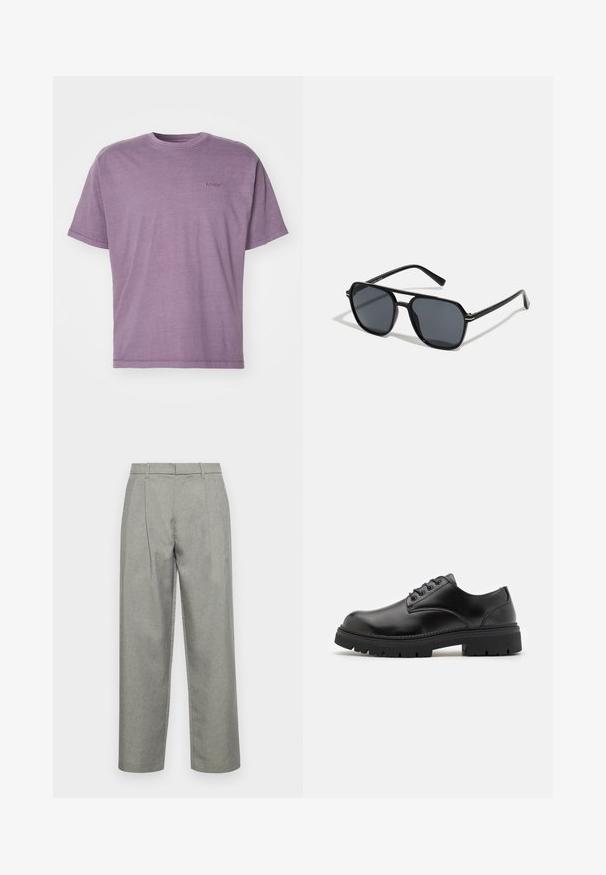 Purple cotton t-shirt with short sleeves, round neckline, and minimal Levis logo in tonal embroidery on the chest. Soft texture.; Gray tailored trousers made of textured fabric, featuring a straight-leg design, front pleats, and a standard waistband with belt loops.; Black leather shoes with a rounded toe, lace-up design, and a thick, textured rubber sole. Features stitching along the edge and a smooth finish.; Black sunglases with octagonal frame, dark lenses, glossy finish, thin temples, and gold accents on the front.
