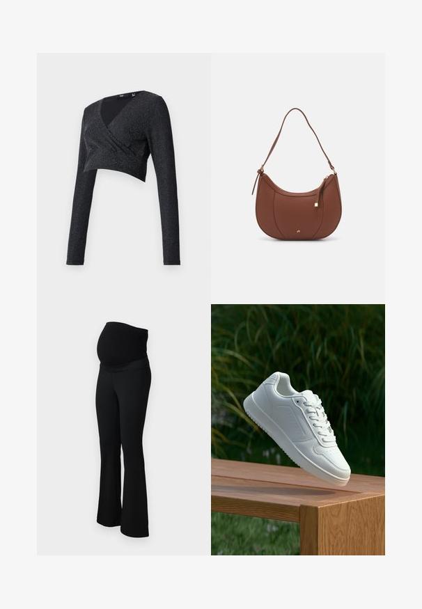 Črn crop top z dolgimi rokavi, V-izrezem in zavitim dizajnom, izdelan iz teksturiranega materiala s srebrnimi pikami, ki ustvarjajo sijajen učinek.; ONLY MATERNITY OLMPAIGE - Hlače - black; Bela teniska s gladkim sintetičnim zgornjim delom, perforiranim prednjim delom, ravnimi vezalkami in teksturiranim podplatom, prikazana na leseni površini.; Rjava usnjena torbica z ramenskim ročajem, ukrivljene oblike, minimalnim šivom in zlato-tonirano kovinsko dekoracijo. Ima zgornje zapiranje na zadrgo in nastavljiv trak.