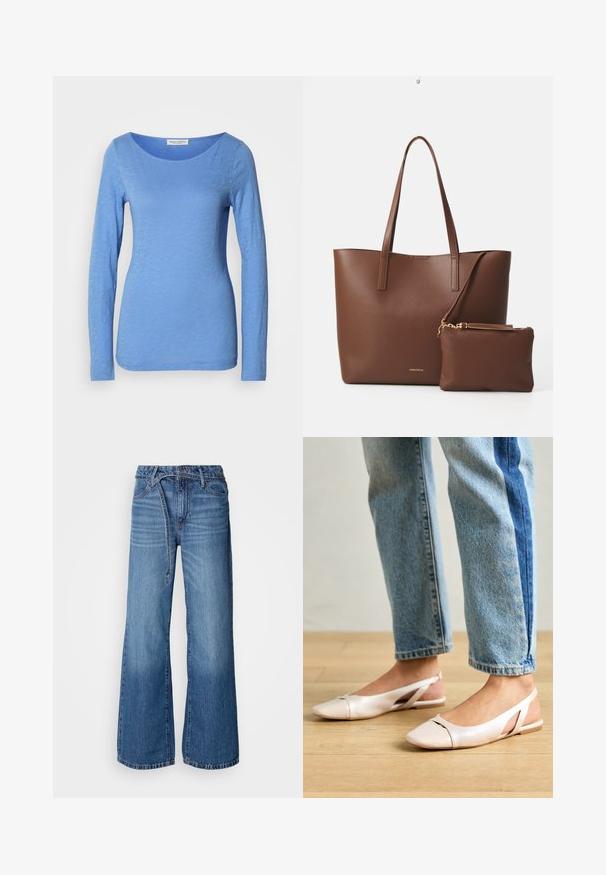 Tricou cu mâneci lungi, guler rotund, de culoare albastru deschis, realizat dintr-un material moale, texturat. Prezintă un model discret de heather și are o siluetă ajustată.; Jeans lejere de culoare albastră deschisă, realizate din denim. Au talie înaltă, cusături vizibile și un sistem de prindere cu curea. Textură decolorată spre partea de jos.; Sandalete plate de un roz pal cu vârf ascuțit, realizate dintr-un material asemănător pielii, neted. Prezintă detalii decupate pe laterale și un toc plat.; Geantă tote din piele ecologică maro, cu două mânere lungi și un sacou mic asortat. Suprafața are un model texturat și accente din metal de culoare aurie.