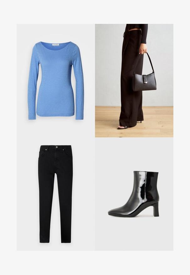 Pitkähihaisesti, pyöreäkauluksinen paita vaaleansinisessä värissä, valmistettu pehmeästä, teksturoidusta kankaasta. Kappaleessa on hienovarainen heather-kuvio ja se on muotoilultaan istuva.; Mustat denim-farkut, joissa on kapea istuvuus, etunapilla suljettava vyötärö, vyölenkit ja klassinen viiden taskun malli. Suora pinta.; Musta patenttilakattu nilkkuri, jossa on terävä kärki ja keskipitkä lohkarekorko. Silkkinen pinta ja minimalistinen muotoilu.; Musta käsilaukku, jossa on rakenteellinen muoto, sileä pinta ja metallinen solki. Yhdistetty leveisiin mustiin housuihin ja avonaiheisiin sandaaleihin puulattialla.