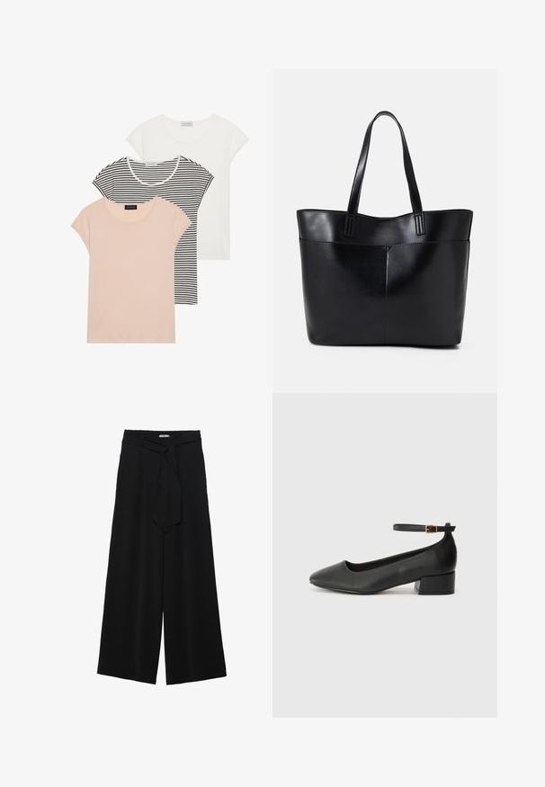 Tre T-shirts: en rosa, en vit och en randig i svart och vitt. Varje T-shirt har rund halsringning och korta ärmar, tillverkade av mjukt tyg.; Svarta vida byxor med texturerad tyg, elastisk midja och en avtagbar käppknut i midjan för justerbar passform.; Svart läderpump med spetsig tå och en låg klack. Har en ankelsnodd med en guldtonad spänne. Slät textur.; Svart läder tote-väska med två långa handtag, en slät yta och en strukturerad form. Har en framficka för extra förvaring.