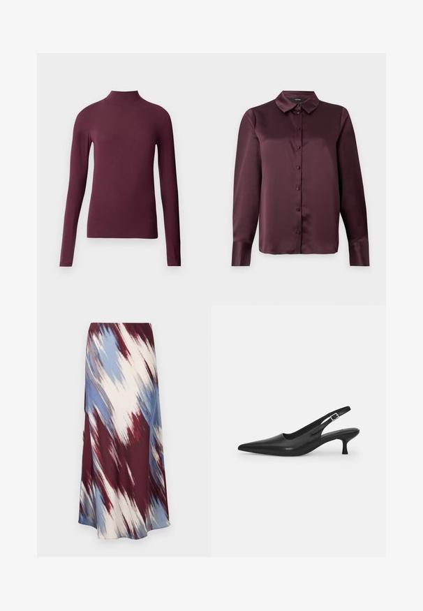 Burgundy színű, hosszú ujjú garbó, sima, rugalmas anyagból. Testhez simuló fazon, magas nyakkal és láthatatlan varrásokkal.; Burgundi selyem gombos blúz klasszikus gallérral, hosszú ujjakkal és sima textúrával. Elöl gombolós pánttal rendelkezik, az azonos színű gombokkal.; Hosszú szoknya, amelynek átlós, batikolt mintázata bordó, kék és krém színekben készült, puha anyagból, amely áramló sziluettel és enyhe fénylő felülettel rendelkezik.; Fekete bőr szandálcipő hegyes orral és karcsú, ívelt sarokkal. Diszkrét, állítható pánttal rendelkezik, fém csattal.
