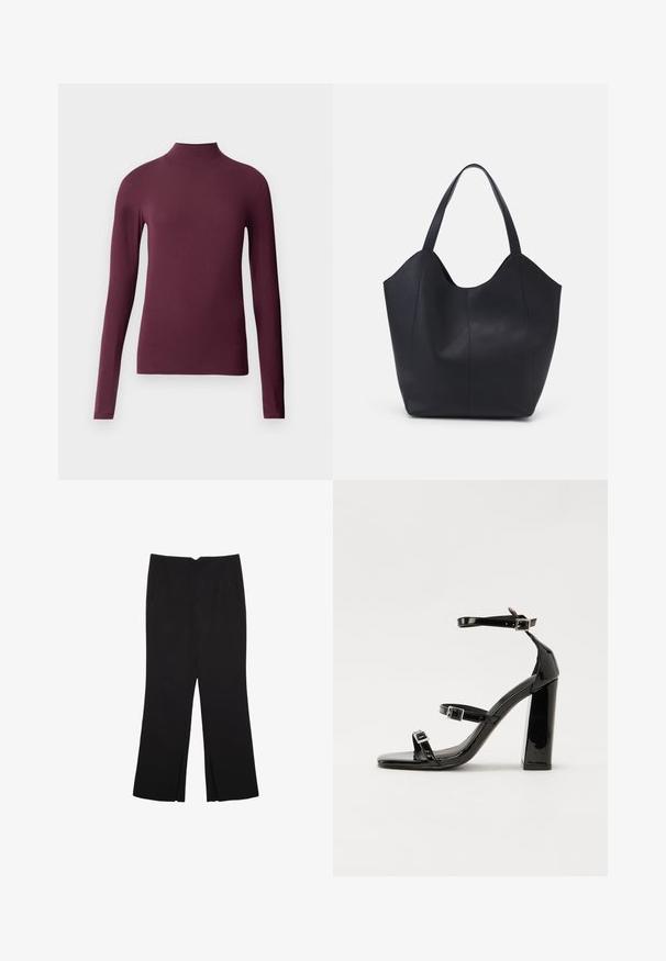 Burgunderfarbene Longsleeve-Turtleneck-Bluse aus glattem, dehnbarem Stoff. Figurnaher Schnitt mit hohem Kragen und ohne sichtbare Nähte.; Schwarze Hose mit geradem Schnitt, ausgestattet mit Fronttaschen und Seitenschlitzen am Saum. Hergestellt aus weichem, glattem Stoff. Geeignet für verschiedene Anlässe.; Schwarze Lackleder-Sandalen mit hohen Absätzen, zwei Riemen mit Schnallen, quadratischer Zehenpartie und klobigem Blockabsatz, mit einer glatten, glänzenden Textur.; Schwarze Tote-Bag aus glattem Leder, mit einem abgerundeten, offenen Oberteil, zwei Schulterträgern und einem minimalistischen Design.