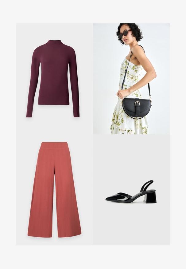Bordowy, długi rękaw, golfowy top wykonany z gładkiego, elastycznego materiału. Dopasowany krój z wysokim kołnierzem i bez widocznych szwów.; Szerokie spodnie w kolorze rdzy, wykonane z teksturowanej tkaniny z pionowymi żebrowaniami. Posiadają wysoki, elastyczny pas.; Czarne lakierowane półbuty na obcasie z wydłużonym noskiem i geometrycznym słupkiem. Charakteryzują się eleganckim, minimalistycznym designem oraz gładką fakturą.; Czarna skórzana torebka o zakrzywionym kształcie, z odpinanym paskiem i złotymi akcentami. Torebka posiada klapę z zapięciem w kształcie klamry.