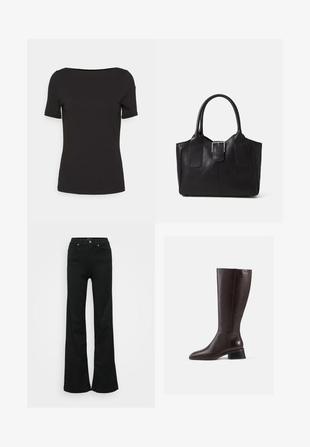 Mustat lyhythihaiset t-paidat, joissa on neliön muotoinen kaula-aukko, ovat valmistettu sileästä kankaasta ja niissä on vartalon myötäinen malli ilman näkyviä kuvioita tai yksityiskohtia.; Mustat levenevät farkut, valmistettu denimmateriaaleista. Korkea vyötärö, viisi taskua ja metallinen napitus. Sileä pinta, jossa on minimaalinen yksityiskohtaisuus.; Knee-high ruskeat nahkasaappaat, joissa on sileä pinta, pyöreä kärki ja pinoontuva musta korko. Yksinkertainen muotoilu, jossa on vain vähän metalliosia.; Musta nahkainen olkalaukku, jossa on sileä pinta, ryhdikäs muoto, kaksi kahvaa ja silmienpistävä hopeinen solkiyksityiskohta edessä.