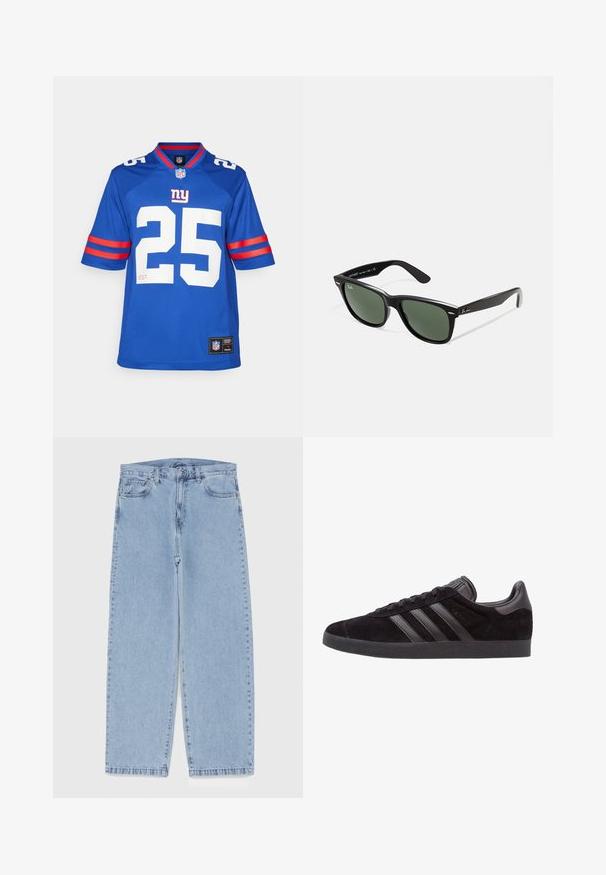 Modra NFL majica z belim številom 25, rdečimi in belimi črtastimi kratkimi rokavi ter pletenim ovratnikom. Oznaka logotipa na robu.; Svijetloplave traperice s ravnim nogavicama, srednjeg struka, pet džepova te zatvaranjem na gumb i munju.; Črne semiš superge s teksturiranimi gumijastimi podplati, ki imajo tri črne usnjene črte, zaobljen nos in oblazinjen ovratnik za gleženj.; Črne plastične sončna očala z zelenimi lečami, kvadratni okvirji, srebrni detajl na obrvi in teksturirani ročaji. Blagovna znamka navedena na notranji strani ročaja.