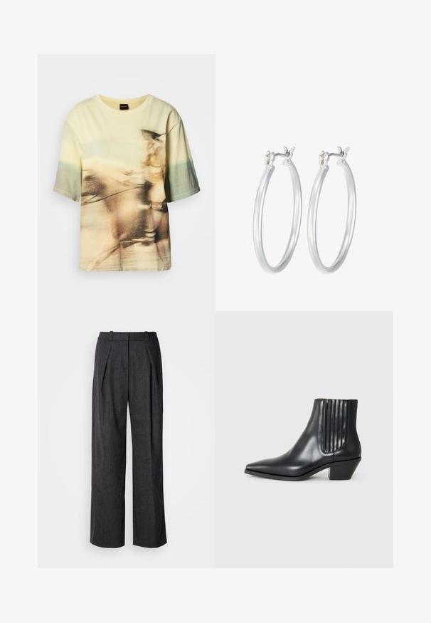 Trumpas rankovėmis marškinėliai iš švelnaus medvilnės su neryškia jojikų grafika pasteliniuose geltonos ir žalios spalvose bei apvaliu iškirpimu.; Tamsiai pilkos platus kelnes iš tekstūruotos medžiagos, su priekiniais raukšlėmis ir klasikiniu juosmens dizainu. Nėra matomų kišenių.; Juodas odinis aukšto bato konstrukcijos batas su smailiu nose, elastingais šoniniais paneleis su vertikaliomis grioveliais ir žemu blokuota pakulne. Lygi tekstūra ir elegantiškas dizainas.; Sidabriniai auskarai su sklandžiu, poliruotu paviršiumi. Apvalios formos ir saugus uždarymo mechanizmas. Lengvas dizainas, tinkantis kasdieniam dėvėjimui.