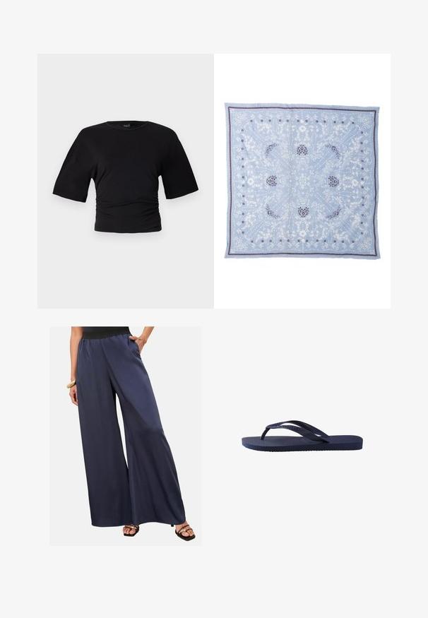 Gina Tricot SOFT TOUCH RUCHED TEE - T-paita - black; Nainen, jolla on päällään tummansiniset leveälahkeiset housut, joissa on musta joustovyötärö, seisoo yksi käsi taskussa ja mustat avonaiset sandaalit jalassa.; Tummansiniset läpättimet, joissa on tekstuuriset kumihihnat ja pohja, hihnoissa on aaltoileva kuvio ja tasainen, uritettu jalkapohja.; Vaaleansininen neliönmuotoinen huivi, jossa on valkoisia ja tummansinisiä kukka- ja paisley-kuvioita. Reunassa hieno violetti sommittelu. Pehmeä pinta.; Next BOWLER CHARM - Käsilaukku - tan brown; Kultaketju, joka koostuu toisiinsa kytkeytyvistä lenkeistä ja kiillotetusta sydänriipuksesta, jossa on kiinnitysneula. Suora pinta ja kiiltävä viimeistely.