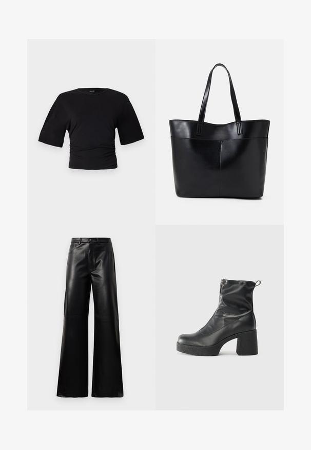 Gina Tricot SOFT TOUCH RUCHED TEE - Lihtne T-särk - black; Mustad talje laiad jalad kunstnahast püksid esipaneeli nööbi ja lukuga, vöödega ja küljetaskutega valge tausta peal.; Mustad mustad ansapüksid, mis on valmistatud siledast nahast, külje zipperiga, paksu tekstuuriga kontsaga ja ümmarguse nina disainiga.; Must mustaga musta nahast, millel on kaks pikka kanda, sile tekstuur ja struktureeritud kuju. Esipoolsel on lisakoti jaoks tasku.