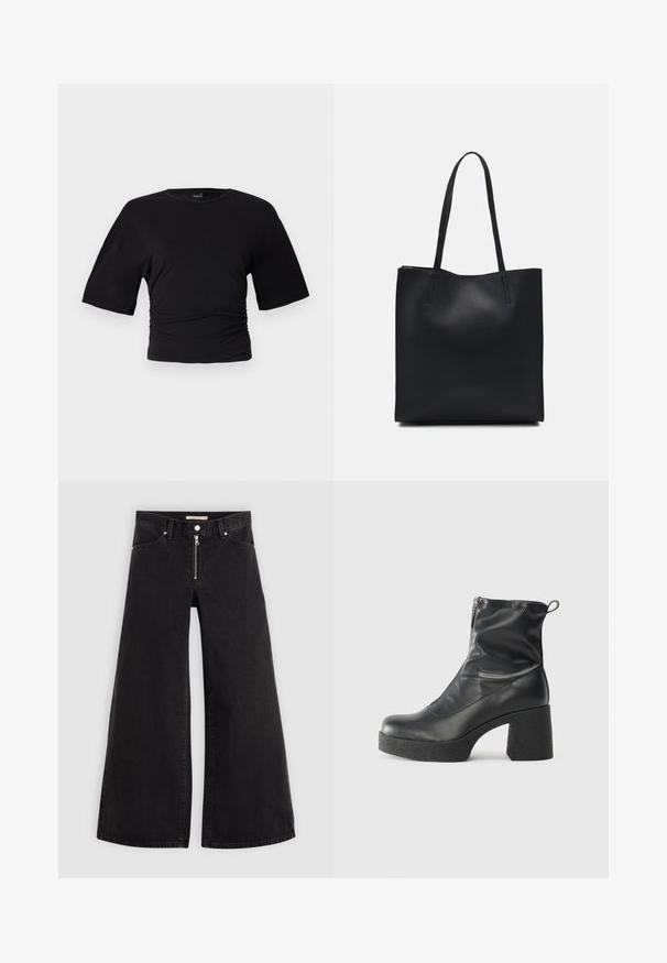 Gina Tricot SOFT TOUCH RUCHED TEE - T-shirt básica - black; Calças de ganga de perna larga em denim preto com fecho éclair à frente, design de cinco bolsos e detalhes de costura subtil. Textura suave e estilo casual.; Botas de tornozelo pretas feitas de couro liso, com fecho lateral, salto grosso texturizado e design de bico arredondado.; Bolsa tote preta em couro com textura lisa, forma retangular e duas alças longas. Sem hardware ou enfeites visíveis.