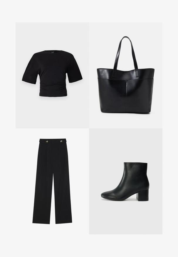 Gina Tricot SOFT TOUCH RUCHED TEE - T-shirts - black; Svart vide bukser med høy midje, knappdetaljer på midjebåndet og frontplisser.; Sorte skinn ankelsko med spiss tå og chunky hæl. Glatt tekstur med minimale detaljer og et elegant, tettsittende design.; Svart lær toteveske med to lange håndtak, en glatt tekstur og en strukturert form. Har en frontlomme for ekstra oppbevaring.