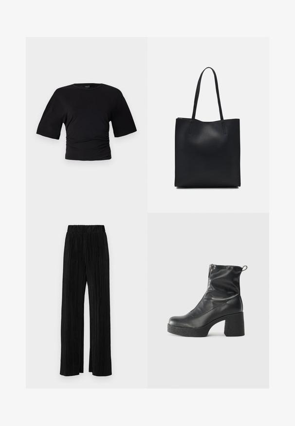 Gina Tricot SOFT TOUCH RUCHED TEE - Basic T-shirt - black; Black pleated trousers with an elastic waistband. Features wide legs and a smooth, textured fabric with vertical stripes.; Black ankle boots made of smooth leather, featuring a side zipper, chunky textured heel, and rounded toe design.; Black leather tote bag with smooth texture, rectangular shape, and two long handles. No visible hardware or embellishments.