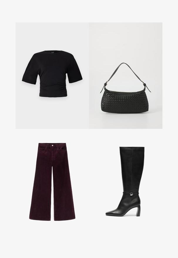 Gina Tricot SOFT TOUCH RUCHED TEE - Osnovna majica kratkih rukava - black; Široke hlače od kordura u dubokoj burgundiji, s visokim strukom, kopčanjem na dugme i klasičnim dizajnom s pet džepova, s rebrastom teksturom.; Crne kožne čizme do koljena s oštrim vrhom i debelim potplatom. Imaju remen s kružnim detaljem oko gležnja.; Crna torba preko ramena od tkanine s glatkim kožnim remenom i zatvaranjem na patentni zatvarač. Ima teksturiranu površinu i zakrivljen oblik.