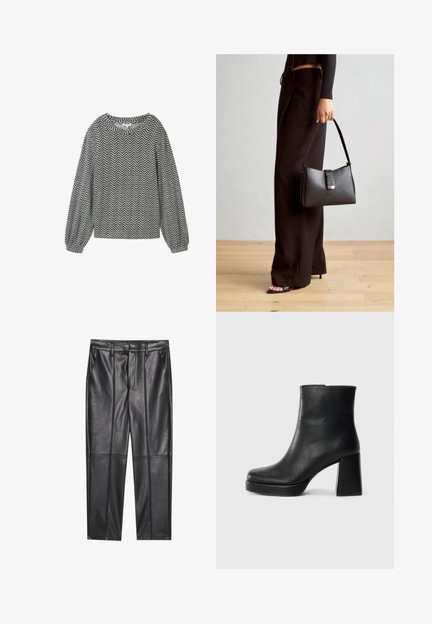 Pitkähihaisessa paidassa on mustavalkoinen herringbone-kuvio, pyöreä pääntie ja hieman puffattuja hihoja, joissa on joustavat hihansuut.; Musta nahkahousut, joissa on sileä pinta, suora leikkaus, kaksi etutaskua ja näkyvät saumat.; Musta nahkasaapas nilkkapituisena, jossa on paksu korko ja alustapohja, nähtynä sivulta yksinkertaisella valkoisella taustalla.; Musta käsilaukku, jossa on rakenteellinen muoto, sileä pinta ja metallinen solki. Yhdistetty leveisiin mustiin housuihin ja avonaiheisiin sandaaleihin puulattialla.