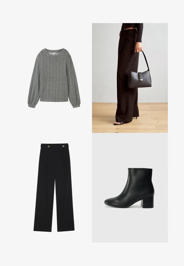 Langärmliges Oberteil im schwarz-weißen Fischgrätmuster, mit rundem Ausschnitt und leicht gepufften Ärmeln mit elastischen Bündchen.; Schwarze weite Hosen mit hoher Taille, Knopfdetails am Bund und vorderen Falten.; Schwarze Leder-Ankle-Boots mit spitzem Zehenbereich und klobigem Absatz. Glatte Textur mit minimalen Akzenten und einem eleganten, taillierten Design.; Schwarze Handtasche mit strukturierter Form, glatter Textur und einem metallischen Verschluss. Kombiniert mit weiten schwarzen Hosen und offenen Sandalen auf einem Holzboden.