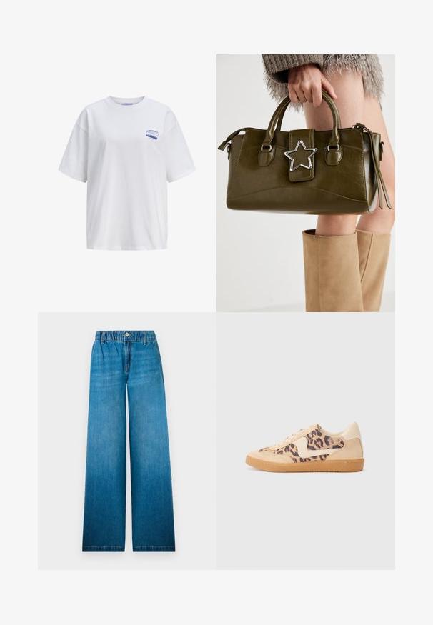 Camiseta branca de algodão com um corte relaxado, apresentando mangas curtas. Pequeno logótipo azul "SOURDOUGH" no lado superior esquerdo.; Jeans de perna larga feitos de denim azul claro, com um cós elástico, fecho de botão e um corte reto com um efeito desbotado.; Sapatilhas com padrão de leopardo, parte superior em camurça bege, sola de borracha castanha e detalhes brancos. Bico redondo e design com atacadores, com um acabamento texturizado.; Bolsa de mão em pele sintética verde oliva com detalhe de estrela prateada, alças duplas e fecho com zip. Superfície texturizada e forma estruturada.