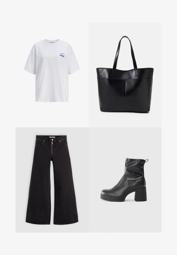 Valkoinen puuvillapaita rentoa istuvuutta, lyhyt hihaisena. Pieni sininen "SOURDOUGH" logo vasemmassa yläkulmassa.; Mustat leveälahkeiset farkut, joissa on vetoketjufrunti, viisi-taskuinen muotoilu ja hienovaraiset ompelusyyt. Sileä pinta ja rento tyyli.; Mustat nilkkurit, jotka on valmistettu sileästä nahasta. Niissä on sivuvetoketju, paksu teksturoitu korko ja pyöristetty kärki.; Musta nahkainen kassi, jossa on kaksi pitkää kahvaa, sileä pinta ja jämäkkä muoto. Sisältää etutaskun lisävarastointia varten.